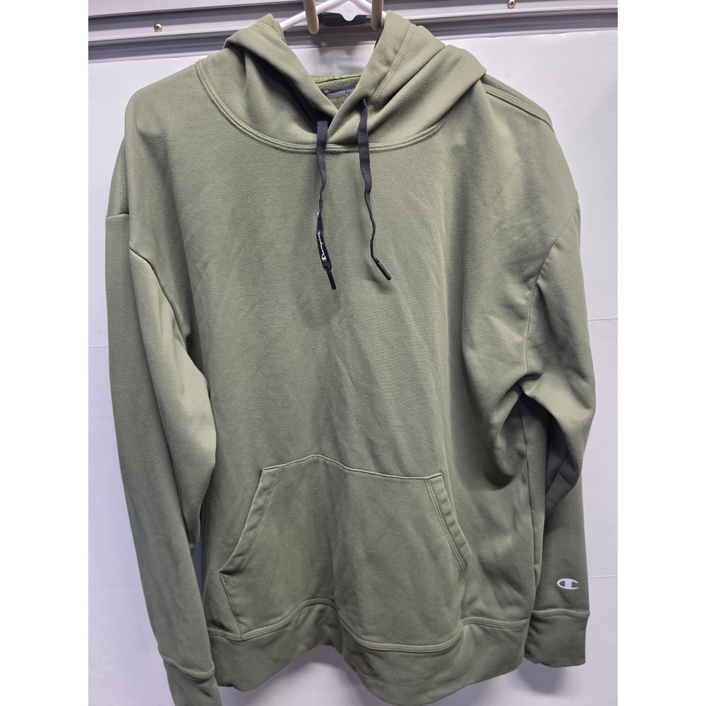 Champion Mens Pullover Hoodie Olive Green Fleece Lined Sweatshirt Large L